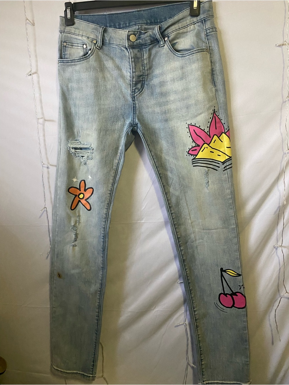 Light Blue Women's Jeans with Pink & Yellow Graphic Accents